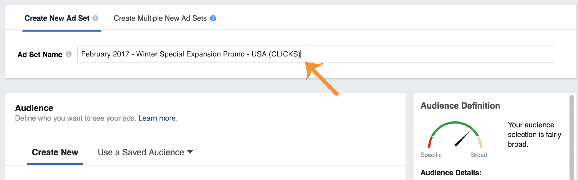 Naming your ad set in Facebook ads