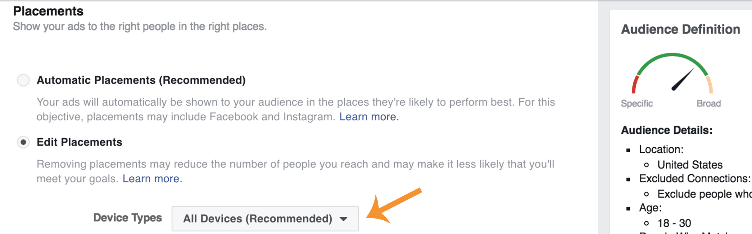 Choosing the devices where your Facebook ad will appear