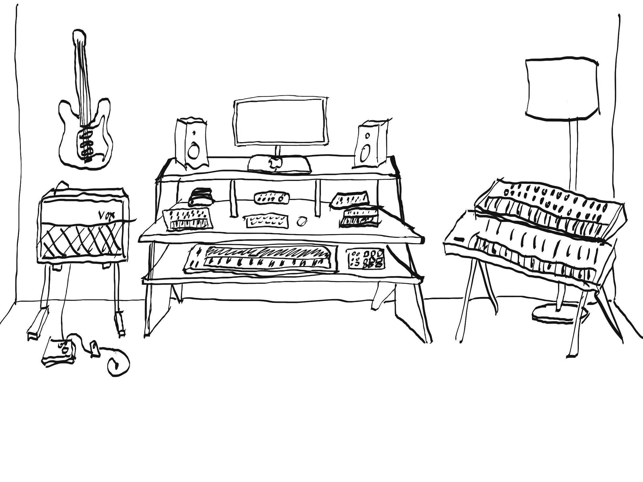 Sketch of Peter Kim's desk setup