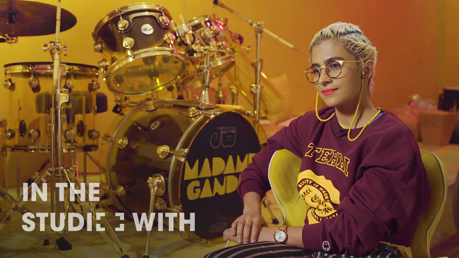 Percussionist Madame Ghandi in the studio with her drum kit